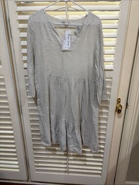 Puro Lino Women's Light Gray Linen Tiered Dress. Small NWT